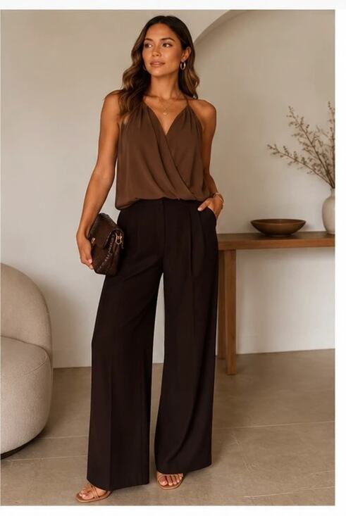 Boutique Tops - Boutique Brown Draped Tank Top Halter Flowy Sleeveless Blouse Size L